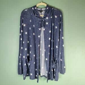 Lucky Brand Blue Allover Star Print Tie Open Front Cardigan Hoodie Size Large